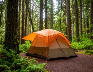 Cozy Orange Tent Nestled Among Lush Green Forest in a Peaceful Camping Environment