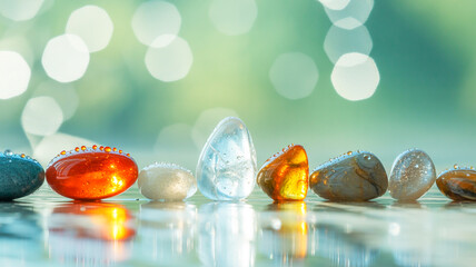 A close-up macro photograph of smooth, polished stones arranged in a row at the bottom of the frame.
