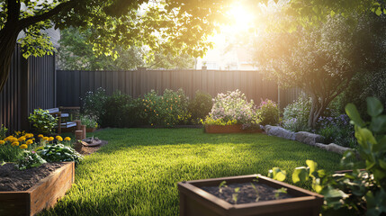 Morning sunlight over backyard with fresh garden prep in progress, warm natural light