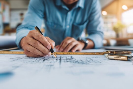 An architect sketches a project with a ruler at his office desk embodying architectural and engineering principles