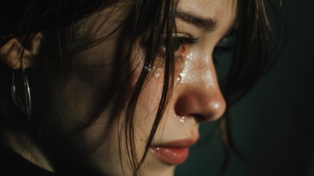 Moody crying girl portrait. Concept of mental health. Lonely depressed woman feel despair, anxiety. Insecure teenager. Bad day, problems at work. Grief, terrible loss.