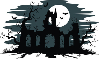 Silhouette of a Haunted Castle with Bats and Full Moon