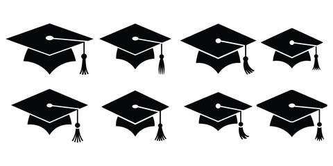 graduation cap icon set vector silhouette on white background.