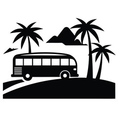 Black and white tropical illustration depicting a bus journey through a beautiful island landscape with palm trees
