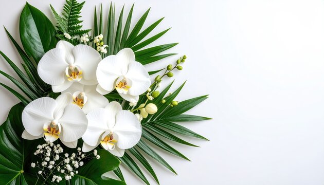 Arrangement of white orchids and tropical leaves
