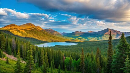Majestic mountain landscape with a serene lake and lush evergreen forest under a cloudy sky