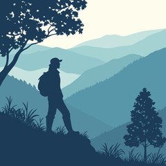 Hiker Admiring Mountain Landscape – Vector Nature Illustration

