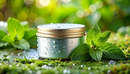 Mint-scented cream jar on moss