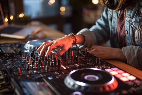 A young female DJ is sitting at a table mixing music on a black controller - Powered by Adobe