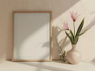 Portrait mockup frame on the table in clean and stylish interior, soft background wall ideal for creatives showcasing home decor poster designs