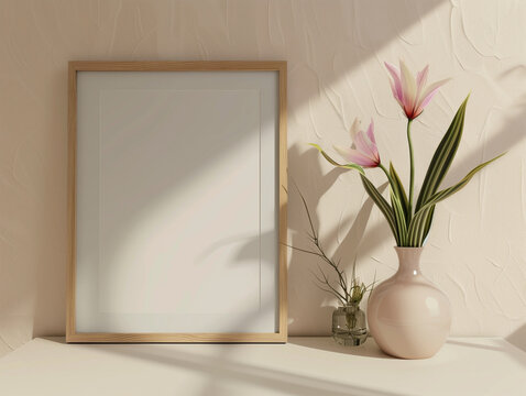 Portrait mockup frame on the table in clean and stylish interior, soft background wall ideal for creatives showcasing home decor poster designs