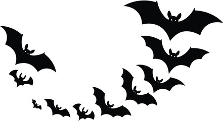 Fototapeta premium Black Bat Silhouettes Flying in Swirling Formation on White Background