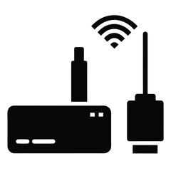 Black and white vector illustration of a wireless router and connected devices in modern design
