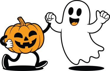 Fototapeta premium Cartoon Pumpkin and Ghost Characters Holding Hands