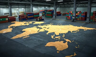 Global network map on a warehouse floor. Stacked shipping containers surround the world map. Interconnected points depict global connections. Dark gray industrial flooring - Powered by Adobe