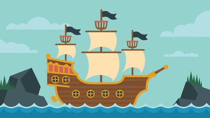 Vector SVG Illustration of Pirate Ship with Sails and Flags in Flat Modern Style for Web and Digital Media