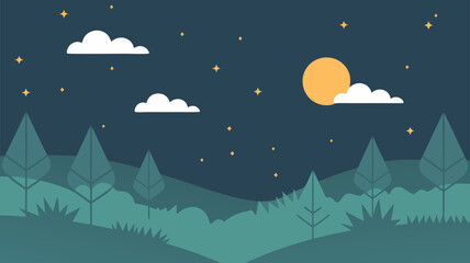 Minimalist Vector SVG Illustration of Night Sky Scene with Moon Clouds and Trees in Flat Design Style