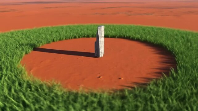 Oasis in the Desert: Solitary Stone - A single stone stands in the center of a circular patch of vibrant green grass, nestled within a vast, red desert landscape.