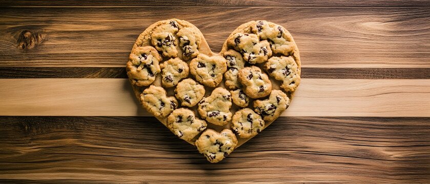Heart Shaped Chocolate Chip Cookies on Wooden Board