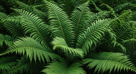 Lush green ferns unfurling in a dense forest undergrowth providing natural beauty