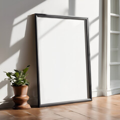 Mockup of an elegant empty horizontal frame on a pastel-colored living room wall with modern decor, ideal for showcasing posters, prints, or artwork