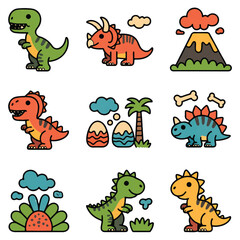 Naklejka premium Vector art of a whimsical collection of cartoon dinosaurs and prehistoric elements on a white backdrop