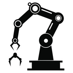 Black silhouette of a robotic arm with a grabbing hand in an industrial manufacturing or automation setting