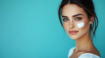 Fototapeta premium Radiant beauty showcasing skincare innovation with a pristine white patch on smooth skin against a vibrant turquoise background, embodying modern cosmetic elegance.