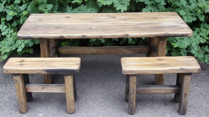 Rustic Wooden Table and Two Benches Set Outdoor Garden Furniture