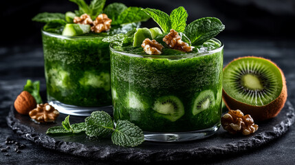 Pudding with green vegetables, kiwi, and walnuts in a glass jar on a dark background. 