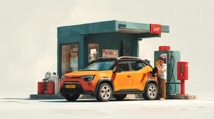 Fototapeta premium Stunning Electric Vehicle Charging at a Modern Gas Station
