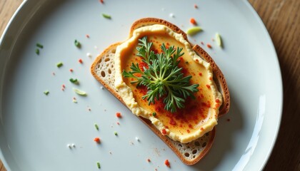 Toast with hummus and fresh herbs on a plate with seasoning  