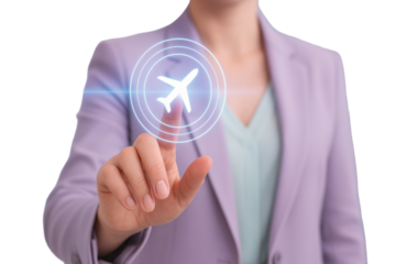 Professional woman touching airplane symbol on transparent backdrop, navigating digital travel booking platform with interactive technological interface