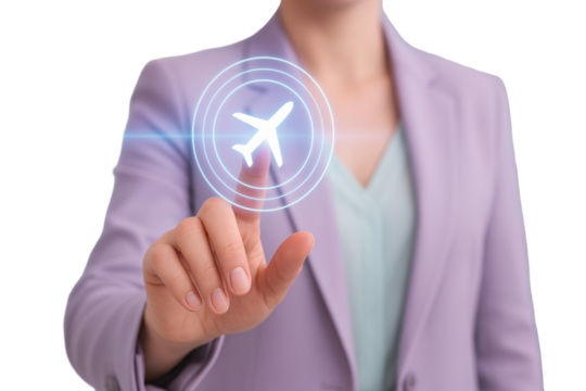 Professional woman touching airplane symbol on transparent backdrop, navigating digital travel booking platform with interactive technological interface - Powered by Adobe