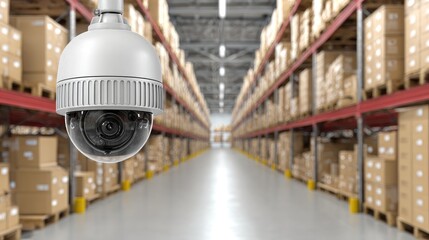 Fototapeta premium Surveillance Camera in Modern Warehouse: Ensuring Security and Inventory Management