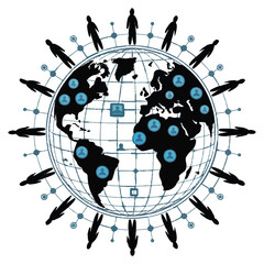 Vector art of the world is connected through a network of people, creating a global community