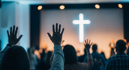 People raise hands in worship at a church service.