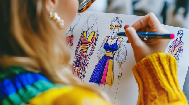 Girl drawing fashion outfits with markers, future fashion designer creativity