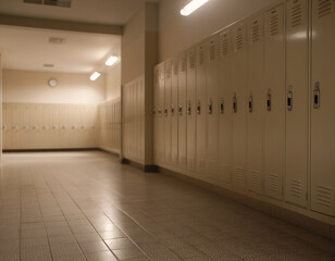 deserted school hallway with lockers and fluorescent lighting perspective
