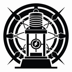 Bold graphic representation of an electrical transformer with a lightning symbol surrounded by decorative shapes