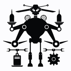 Bold black robot illustration on white background featuring mechanical parts and futuristic design elements