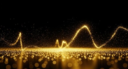 Abstract golden wave of light particles shimmering on a reflective surface with bokeh background