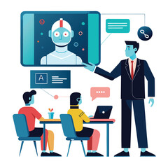 Business presentation on artificial intelligence with a robot display for technology and innovation illustration