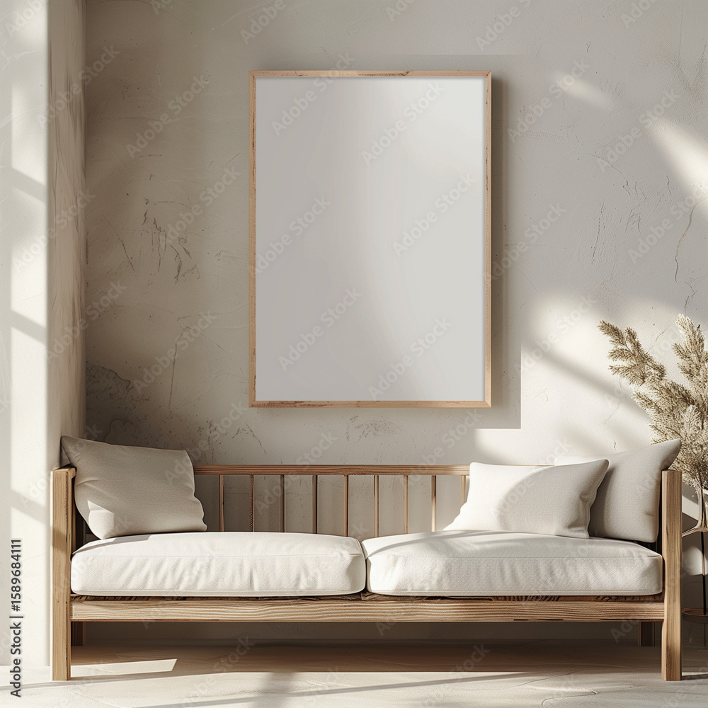 Fototapete sophisticated living room space with modern furniture and a single empty frame on elegant wall, perf