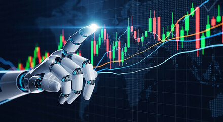 Robotic arm analyzes stock market data with digital charts