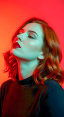 Naklejka premium A woman with red hair and a black shirt is looking at the camera