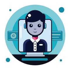 Business representative in computer monitor icon illustrates customer service and digital technology concept, flat design