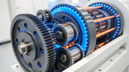 Intricate industrial machine gears glowing blue and orange mechanical engineering