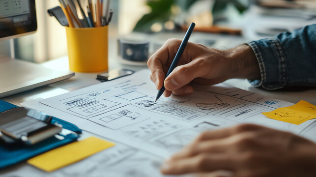 Hand sketching blog layout wireframe on paper, digital design meets creativity