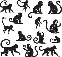 Black and White Monkey Silhouette Vector Set – Sitting, Walking, and Playing Poses